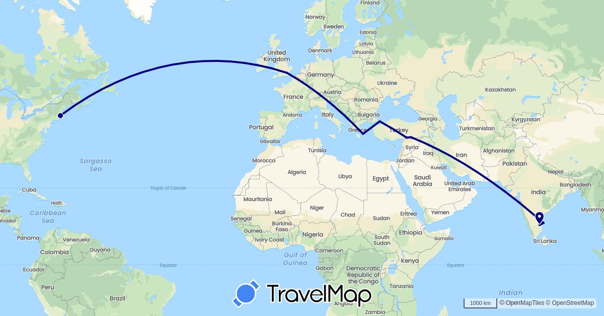 TravelMap itinerary: driving in United Kingdom, Greece, India, Turkey, United States (Asia, Europe, North America)